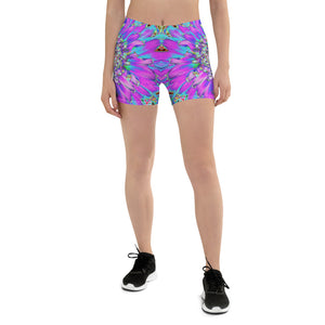 Spandex Shorts for Women, Trippy Abstract Aqua, Lime Green and Purple Dahlia