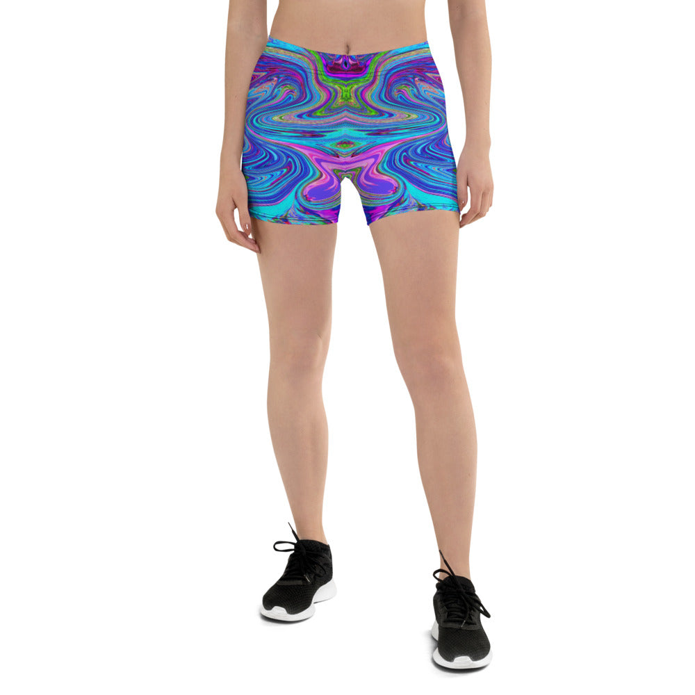 Spandex Shorts for Women, Blue, Pink and Purple Groovy Abstract Retro Art