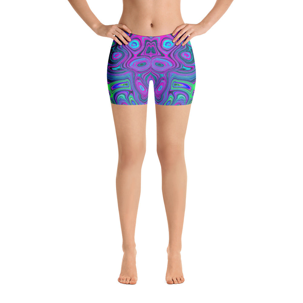 Spandex Shorts for Women, Marbled Magenta and Lime Green Groovy Abstract Art