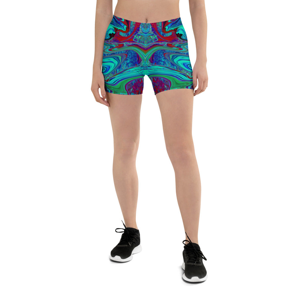 Spandex Shorts for Women, Groovy Abstract Retro Art in Blue and Red