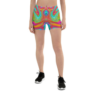 Spandex Shorts for Women, Blue, Orange and Hot Pink Groovy Abstract Retro Art