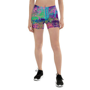 Spandex Shorts for Women, Impressionistic Purple and Hot Pink Garden Landscape