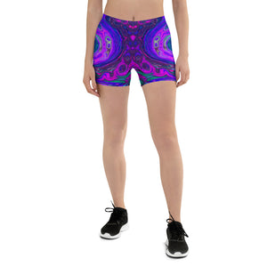 Spandex Shorts for Women, Groovy Abstract Retro Magenta and Purple Swirl