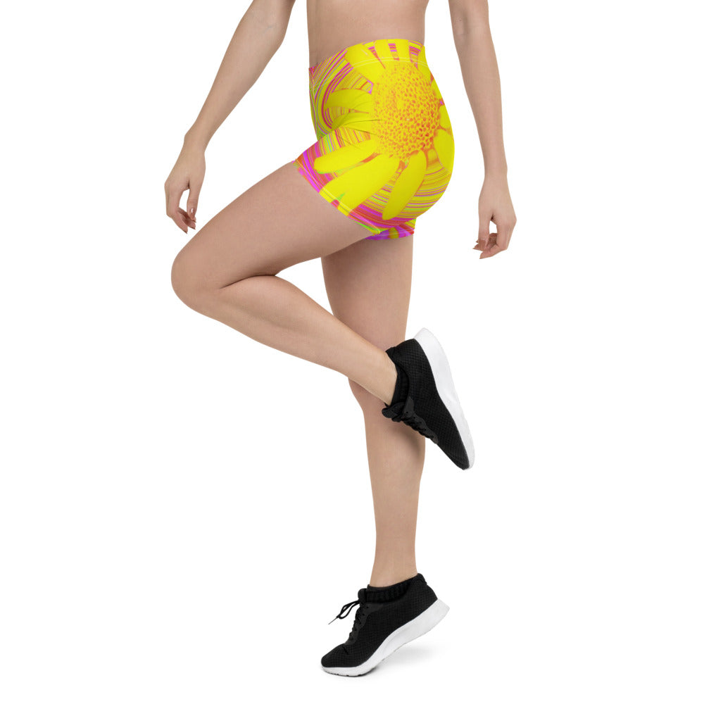 Spandex Shorts for Women, Yellow Sunflower on a Psychedelic Swirl