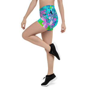 Spandex Shorts for Women, Elegant Pink and Blue Limelight Hydrangea