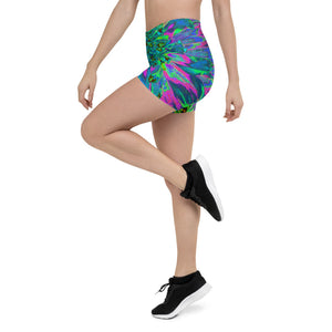 Spandex Shorts for Women, Psychedelic Magenta, Aqua and Lime Green Dahlia