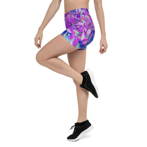 Spandex Shorts for Women, Elegant Purple and Blue Limelight Hydrangea