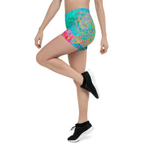 Colorful Spandex Shorts for Women, Groovy Abstract Retro Rainbow Liquid Swirl