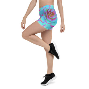 Colorful Spandex Shorts for Women, Hot Pink and Blue Succulent Sedum Rosette