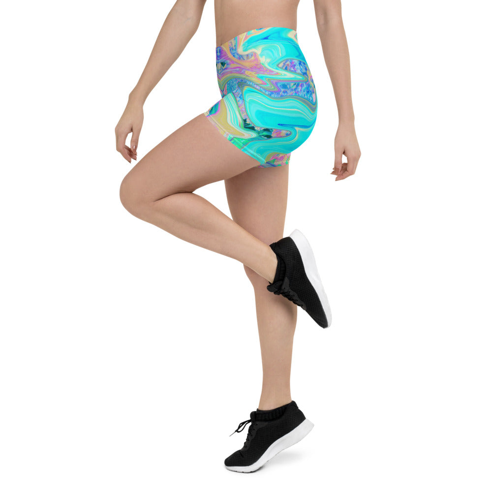 Cool Spandex Shorts for Women, Retro Aqua Blue Liquid Art on Abstract Hydrangeas