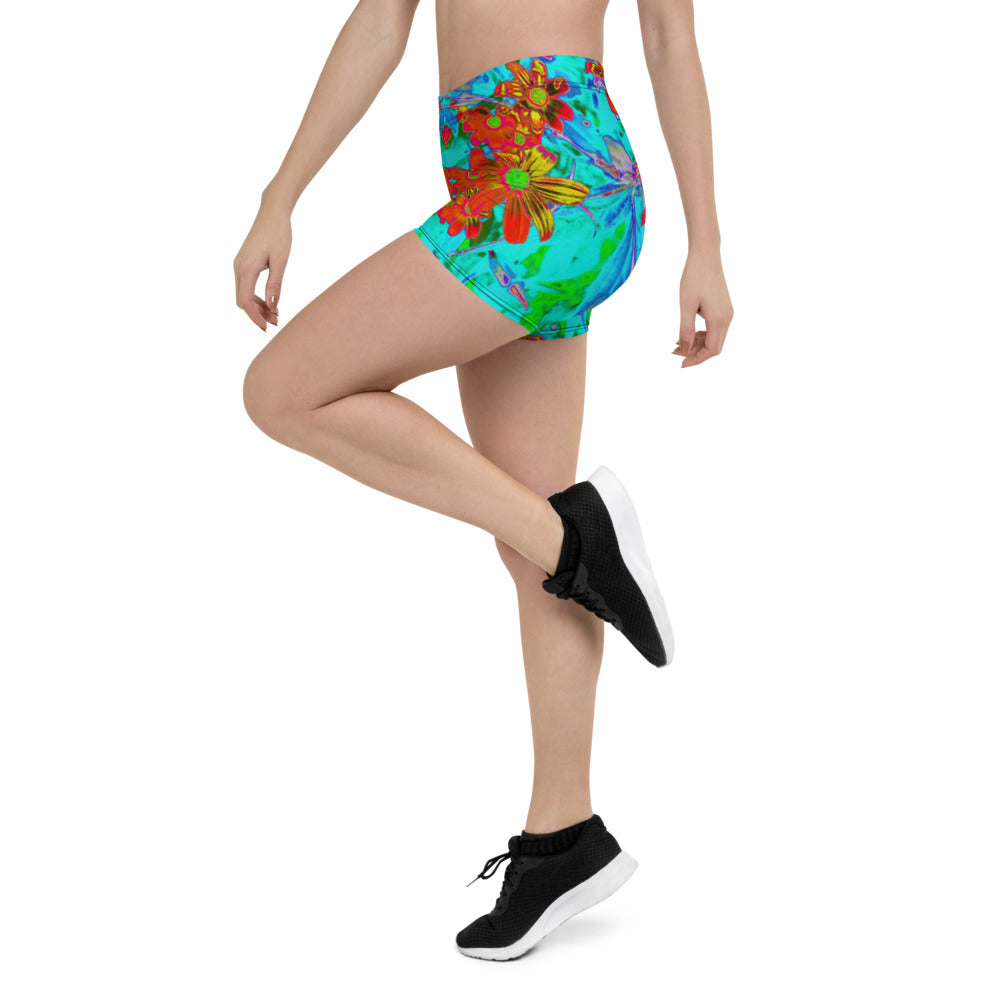 Aqua Tropical with Yellow and Orange Flowers Spandex Shorts for Women