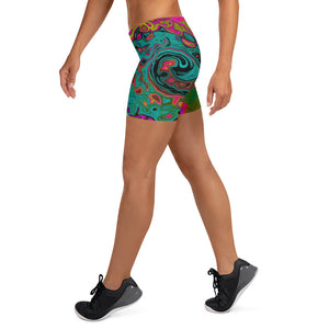Spandex Shorts for Women, Trippy Turquoise Abstract Retro Liquid Swirl