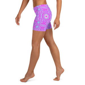 Spandex Shorts for Women, Trippy Hot Pink and Aqua Blue Abstract Pattern