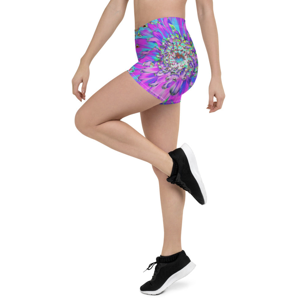 Spandex Shorts for Women, Trippy Abstract Aqua, Lime Green and Purple Dahlia