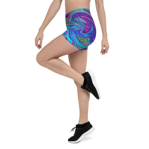 Spandex Shorts for Women, Blue, Pink and Purple Groovy Abstract Retro Art