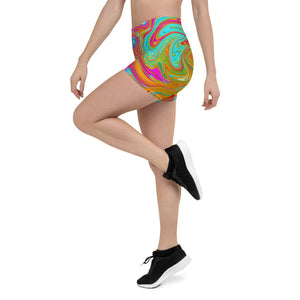 Spandex Shorts for Women, Blue, Orange and Hot Pink Groovy Abstract Retro Art