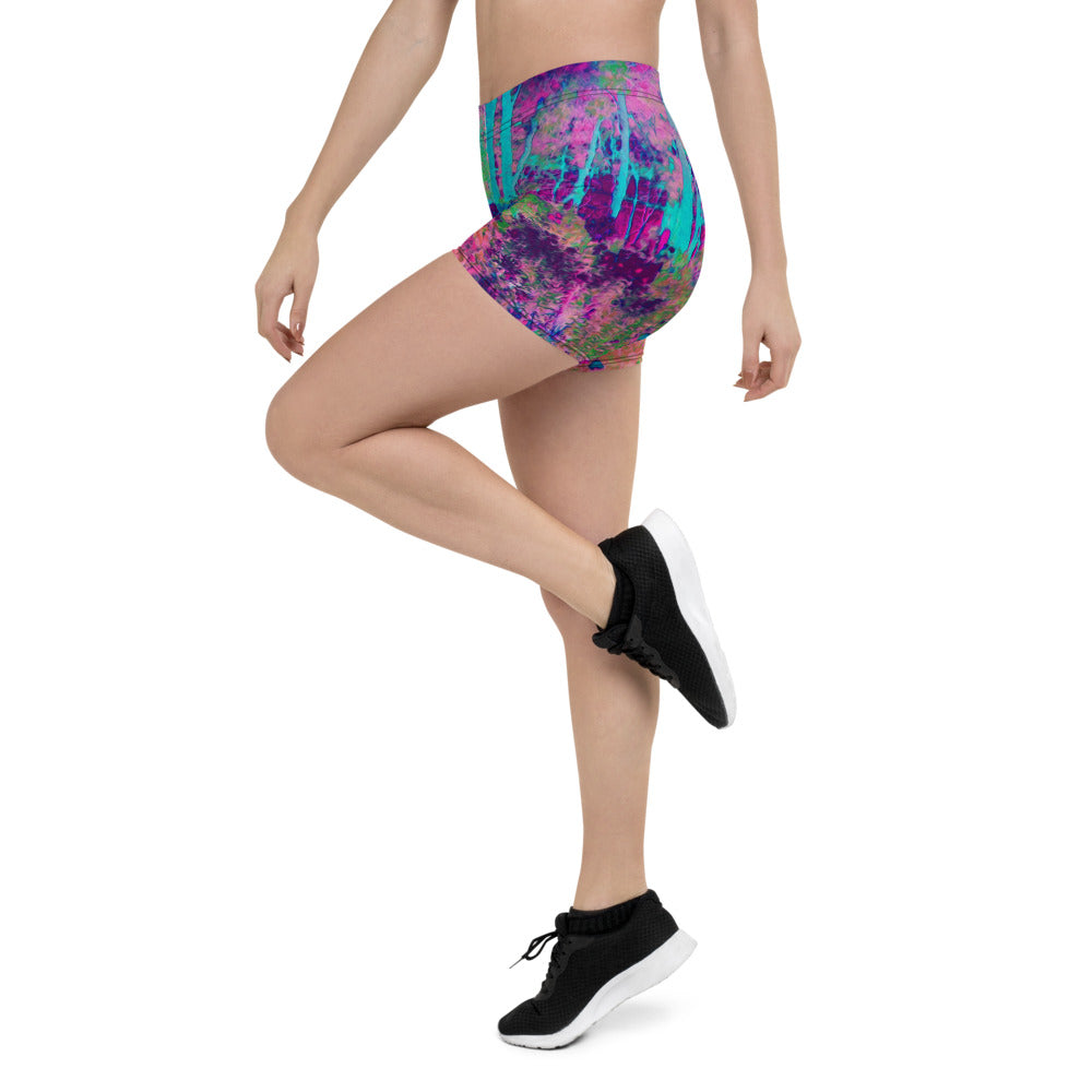 Spandex Shorts for Women, Impressionistic Purple and Hot Pink Garden Landscape