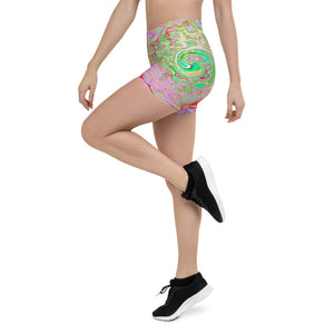 Spandex Shorts for Women, Groovy Abstract Retro Pastel Green Liquid Swirl