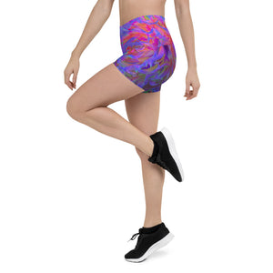 Spandex Shorts for Women, Elegant Psychedelic Decorative Dahlia Flower