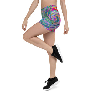 Spandex Shorts, Abstract Floral Psychedelic Rainbow Waves of Color