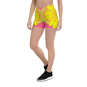 Spandex Shorts for Women, Yellow Sunflower on a Psychedelic Swirl
