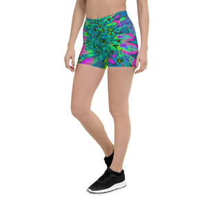 Spandex Shorts for Women, Psychedelic Magenta, Aqua and Lime Green Dahlia