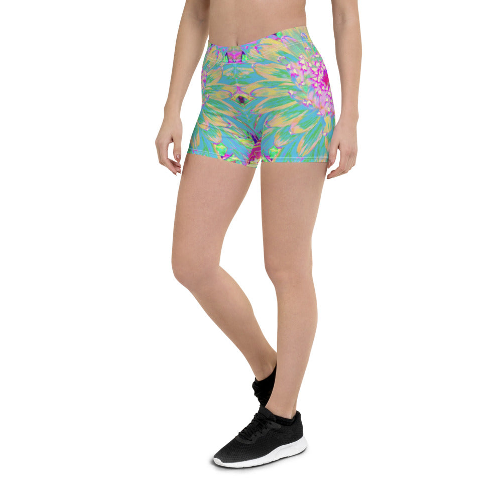 Spandex Shorts for Women, Decorative Teal Green and Hot Pink Dahlia Flower