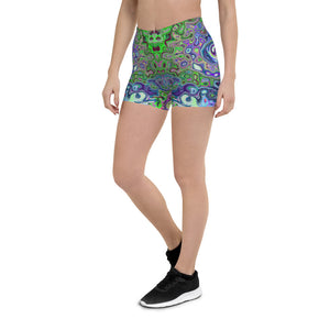 Spandex Shorts for Women, Marbled Lime Green and Purple Abstract Retro Swirl
