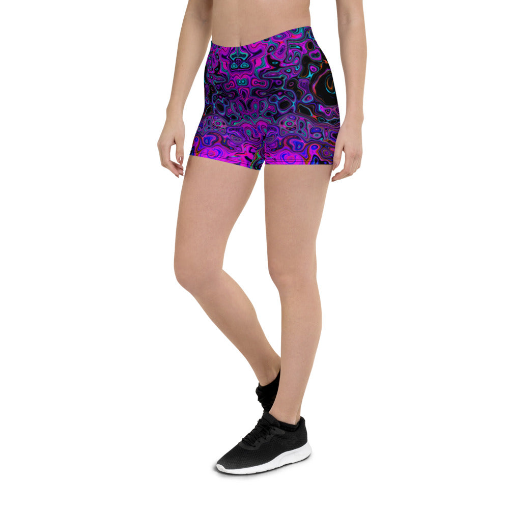 Cool Spandex Shorts for Women, Trippy Black and Magenta Retro Liquid Swirl