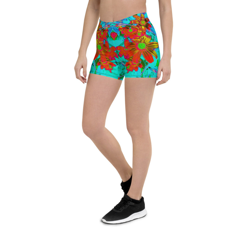 Aqua Tropical with Yellow and Orange Flowers Spandex Shorts for Women