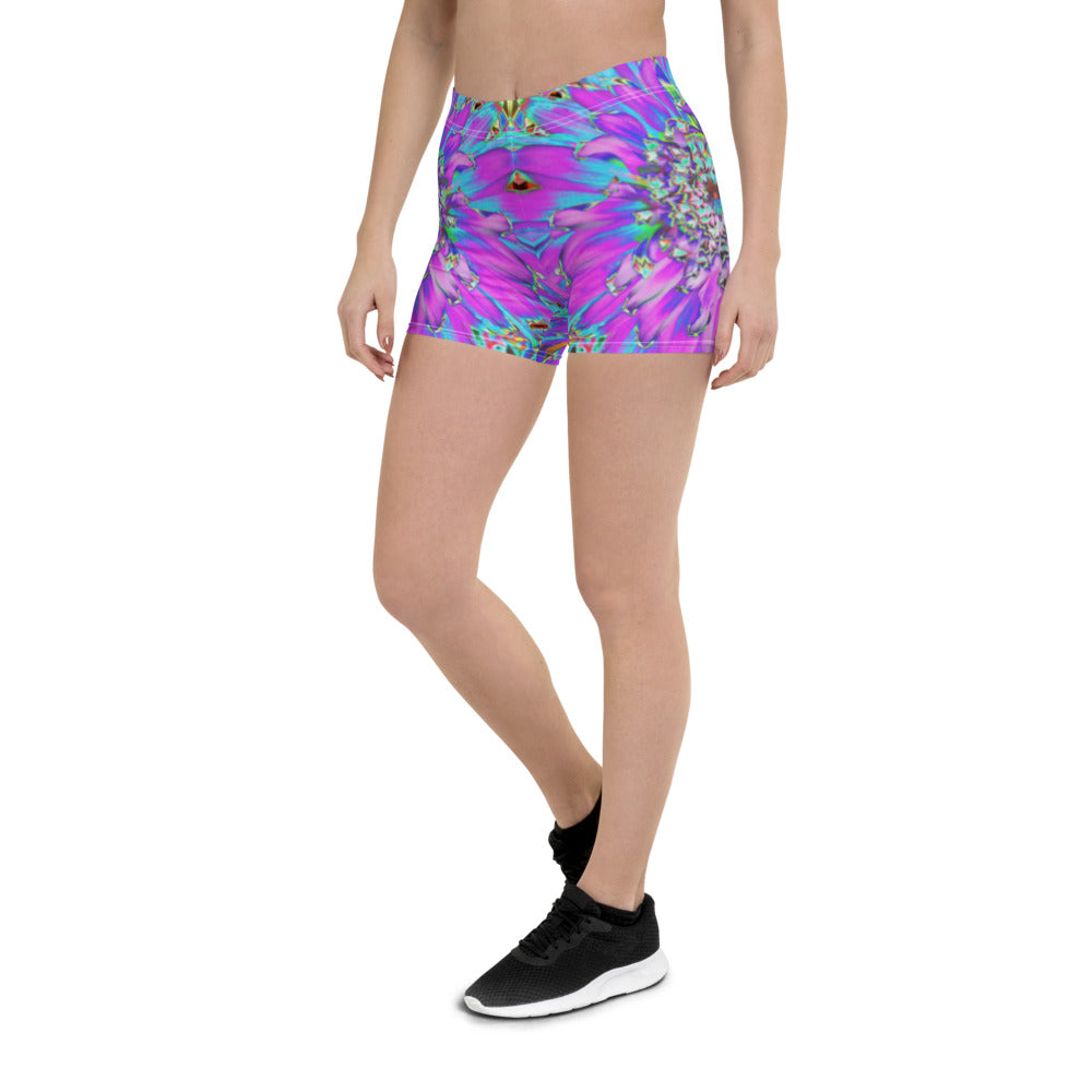 Spandex Shorts for Women, Trippy Abstract Aqua, Lime Green and Purple Dahlia