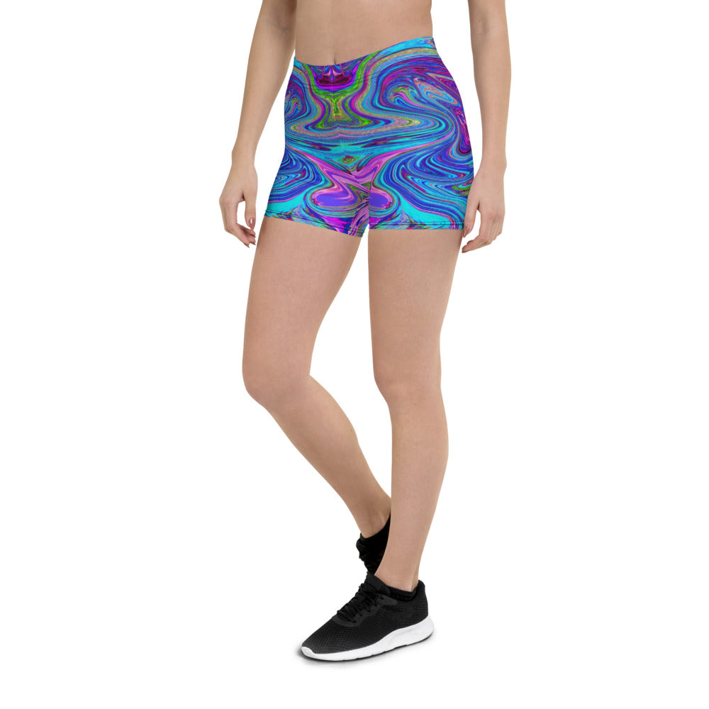 Spandex Shorts for Women, Blue, Pink and Purple Groovy Abstract Retro Art