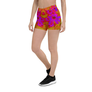 Spandex Shorts for Women, Colorful Ultra-Violet, Magenta and Red Wildflowers