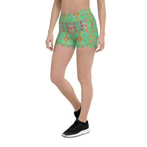 Spandex Shorts for Women, Trippy Retro Orange and Lime Green Abstract Pattern