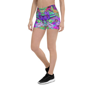 Spandex Shorts, Dramatic Psychedelic Magenta and Purple Flowers