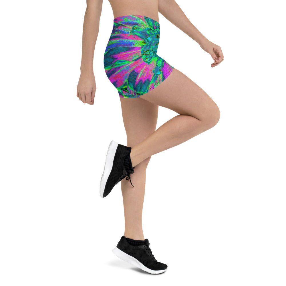 Spandex Shorts for Women, Psychedelic Magenta, Aqua and Lime Green Dahlia