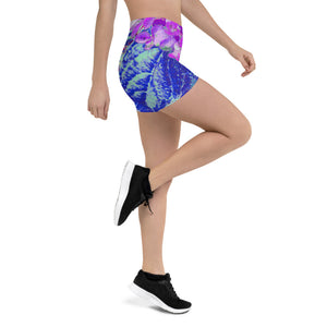 Spandex Shorts for Women, Elegant Purple and Blue Limelight Hydrangea