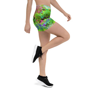 Floral Spandex Shorts for Women, Green Spring Garden Landscape with Peonies