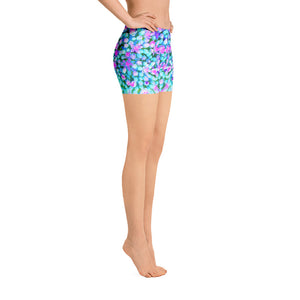 Spandex Shorts for Women, Blue and Hot Pink Succulent Sedum Flowers Detail