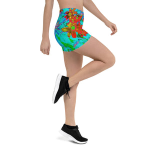 Aqua Tropical with Yellow and Orange Flowers Spandex Shorts for Women