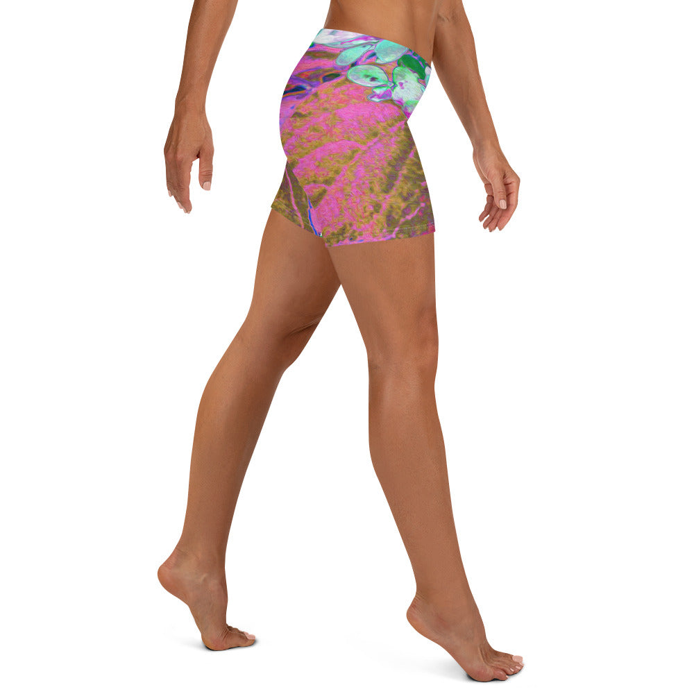 Spandex Shorts for Women, Elegant Aqua and Purple Limelight Hydrangea Detail