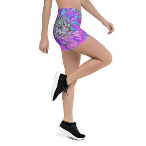 Spandex Shorts for Women, Trippy Abstract Aqua, Lime Green and Purple Dahlia