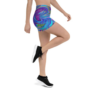 Spandex Shorts for Women, Blue, Pink and Purple Groovy Abstract Retro Art