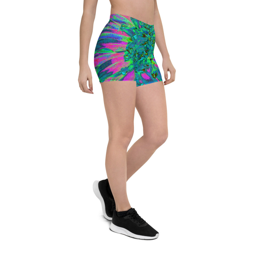 Spandex Shorts for Women, Psychedelic Magenta, Aqua and Lime Green Dahlia