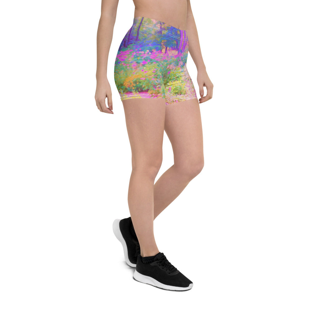 Spandex Shorts for Women, Illuminated Pink and Coral Impressionistic Landscape
