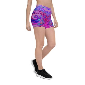 Spandex Shorts for Women, Retro Purple and Orange Abstract Groovy Swirl