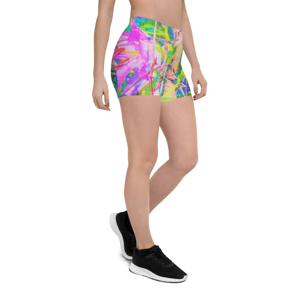 Colorful Floral Spandex Shorts, Abstract Oriental Lilies in My Rubio Garden