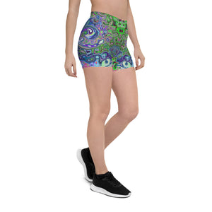 Spandex Shorts for Women, Marbled Lime Green and Purple Abstract Retro Swirl