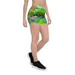Floral Spandex Shorts for Women, Green Spring Garden Landscape with Peonies