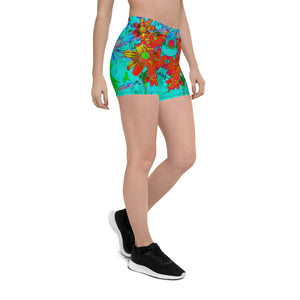 Aqua Tropical with Yellow and Orange Flowers Spandex Shorts for Women